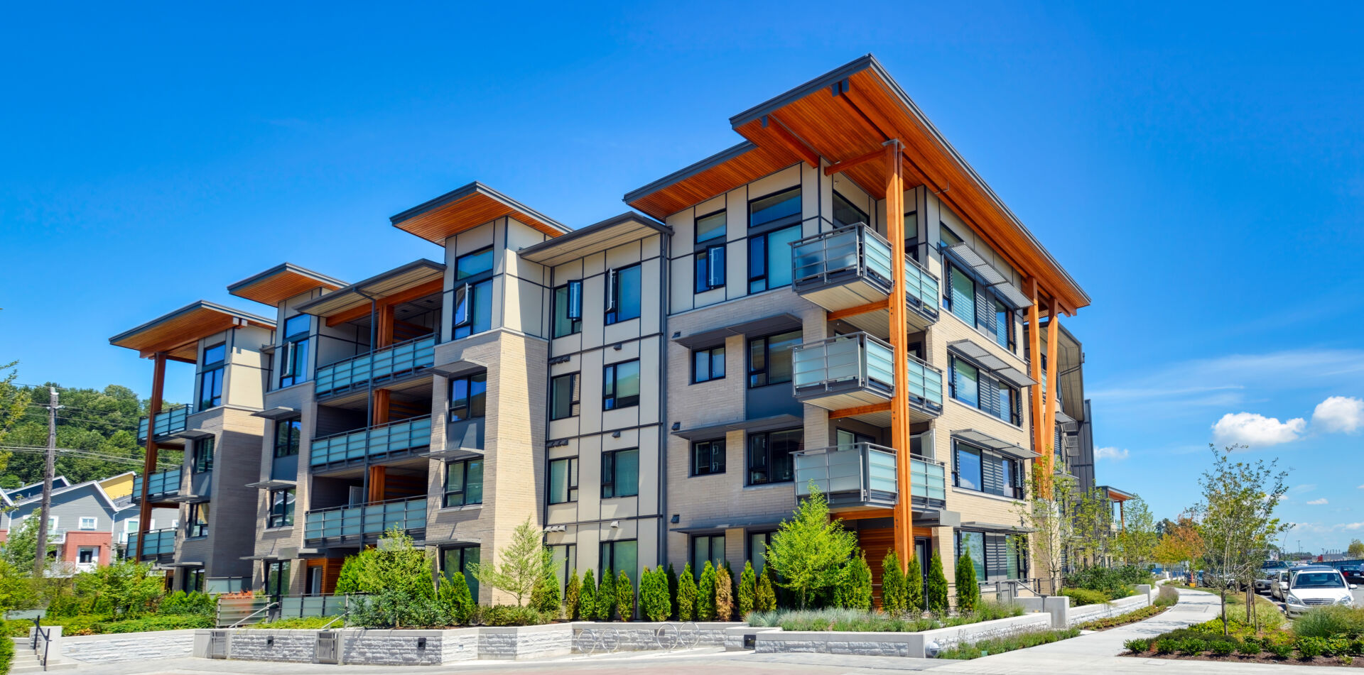Brand new apartment building on sunny day in British Columbia, Canada.