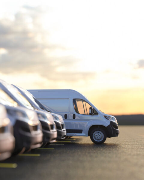 Commercial fleet van parked outside a facility at sunset