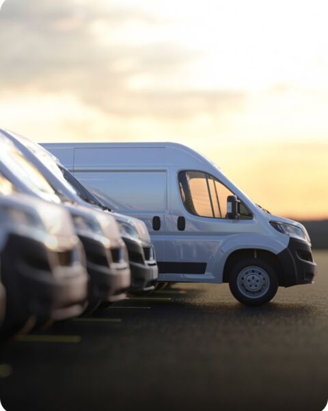 Fleet of commercial vans parked outside a facility at sunset