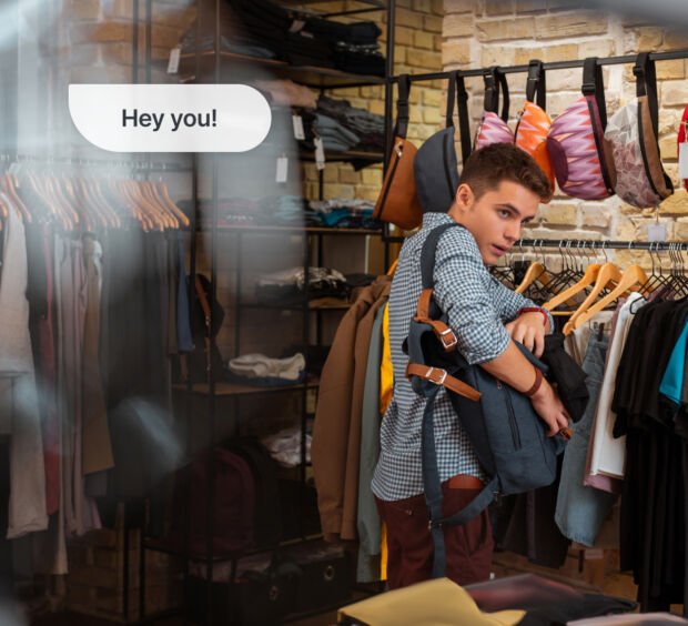 Person crouched beside clothing racks in a closed store as an automated voice warning is triggered