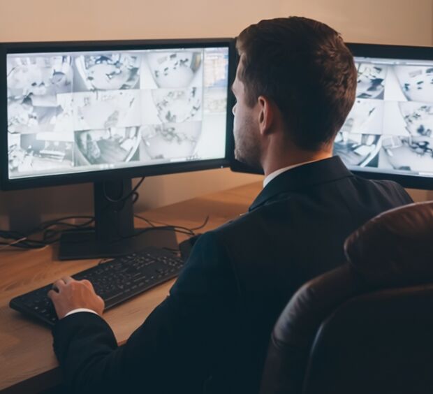 Operator reviewing multi-camera video monitors