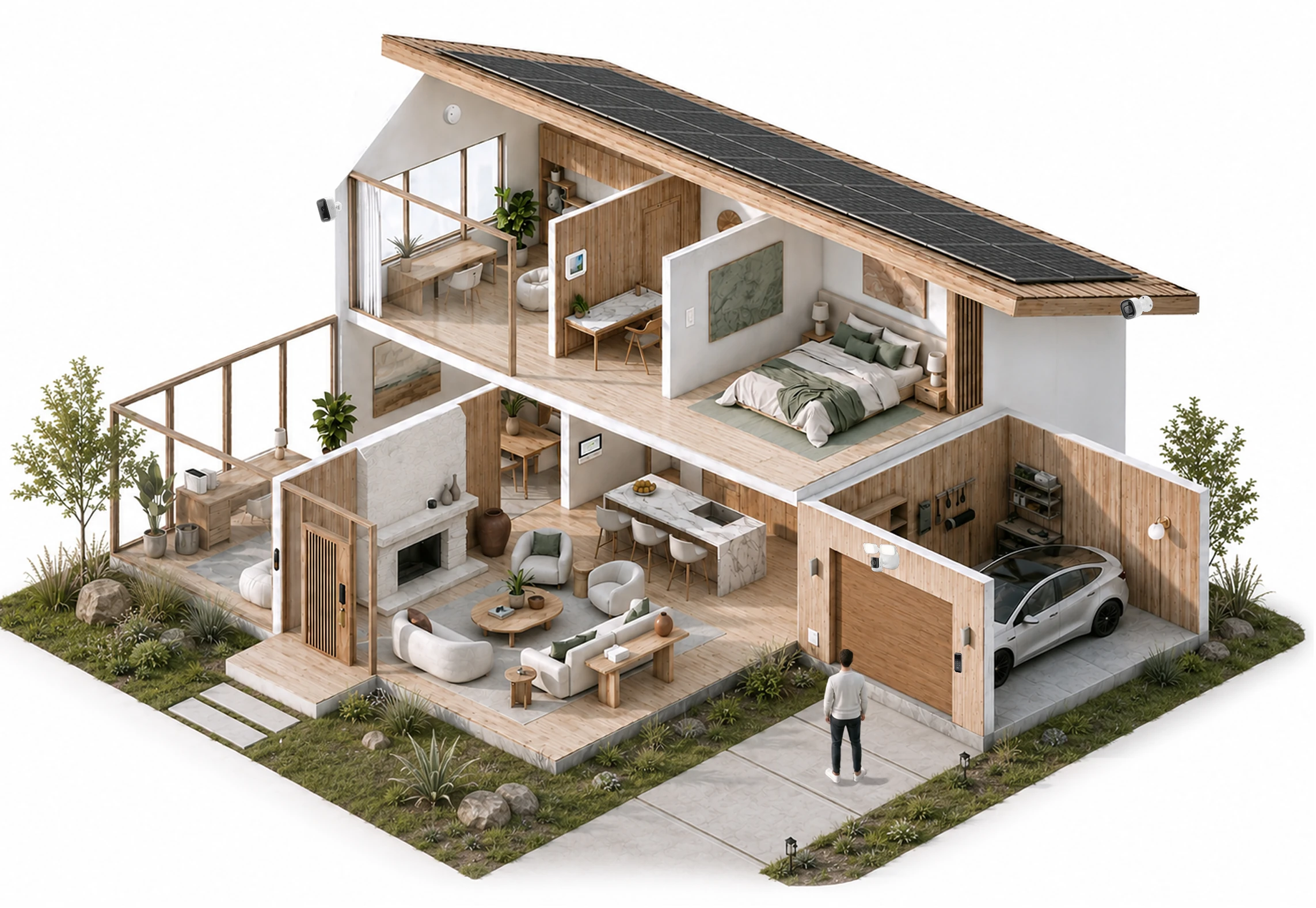 Illustration of a home showing Alarm.com smart home products.