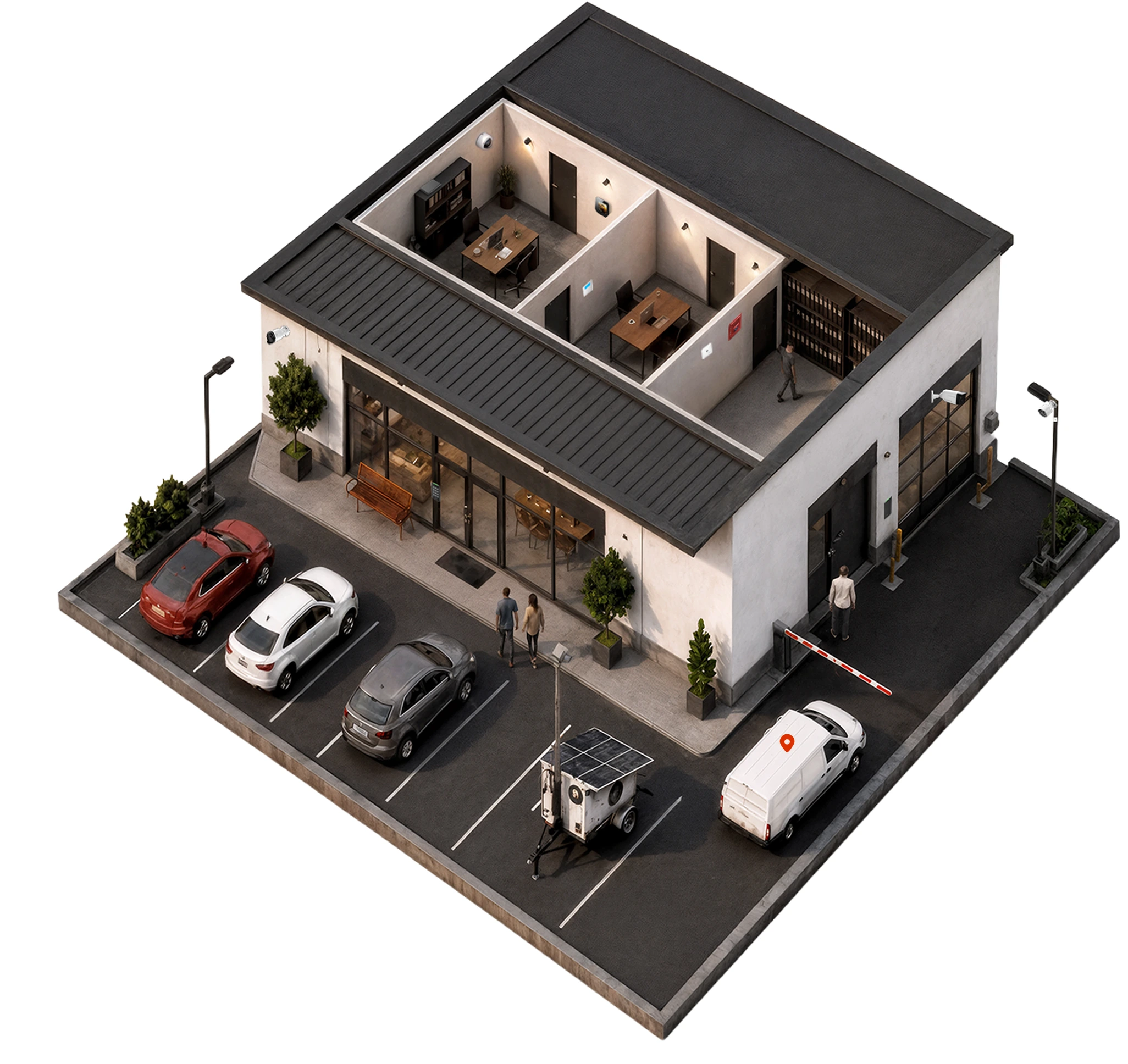 Illustration of a commercial property showing Alarm.com business security products.